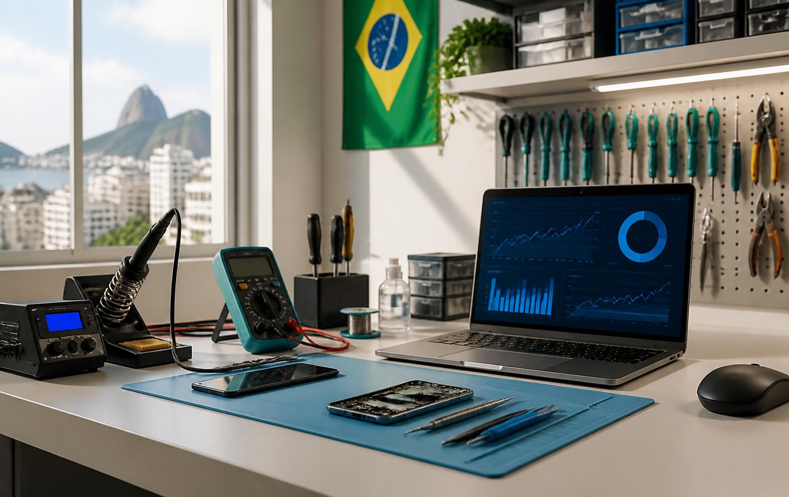 Bancada moderna de assistência técnica com ferramentas de precisão